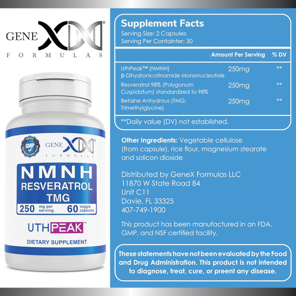 Genex Formulas 250Mg Nmnh + Resveratrol + Tmg (60 Capsules - 30 Servings)  Nmnh (Dihydronicotinamide Mononucleotide) + 98% Resveratrol + Tmg For Healthy Aging - Non-Gmo, Gluten-Free, Vegetarian