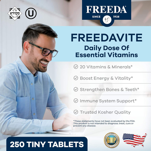 Freedavite Tiny Tablet - Moderate Multivitamin For Men And Women - Pure Vitamin A, C, D, E, B1, B2, B6, B12, Biotin, Calcium, Zinc, Iron, Magnesium, Manganese, Copper, Selenium, Iodine - 250 Count