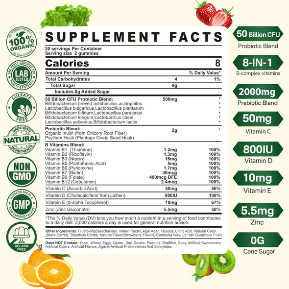 Probiotics Gummies For Women & Men - Fiber Probiotics Gummies With Prebiotics  50 Billion Cfus Probiotics, Inulin, Psyllium Husk & Multivitamin For Gut, Digestion & Immune Health, Vegan, 2 Pack
