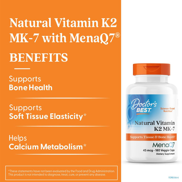 Doctor's Best Natural Vitamin K2 Mk-7 Capsule Supports Bone Health & Soft Tissue Elasticity 180 Ct