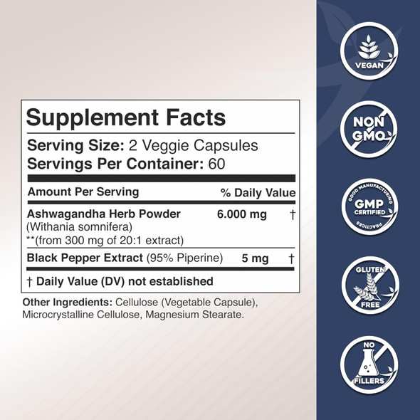 Ashwagandha Supplements - Extra Strength 6000Mg Ashwagandha Powder Capsules With Black Pepper. Natural Mood, Focus, And Energy Support Supplement, 120 Veggie Capsules, Usa Made