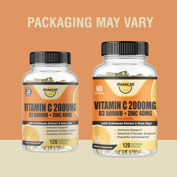Vitamin C 2000Mg, Zinc 40 Mg, Vitamin D3 5000 Iu, Echinacea Extract, Rose Hip, Immune Support For Adults & Kids, Immune Booster,120 Vegan Caps, 60 Day Supply, Non Gmo, No Filler