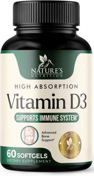 Vitamin D3 Supplement 5000Iu (125 Mcg) - High Potency Vitamin D Dietary Supplement For Bone, Teeth, Muscle And Immune Health Support - Rapid Absorption D3 Softgel, Non-Gmo, Gluten - 60 Softgels