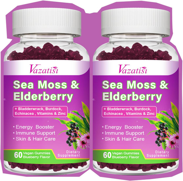 2 Pack Elderberry & Sea Moss Gummies, With Vitamin C, Bladderwrack, Burdock, Echinacea, Immune Support For Women, Men, Adults & Kids, Blueberry Flavor 120Ct