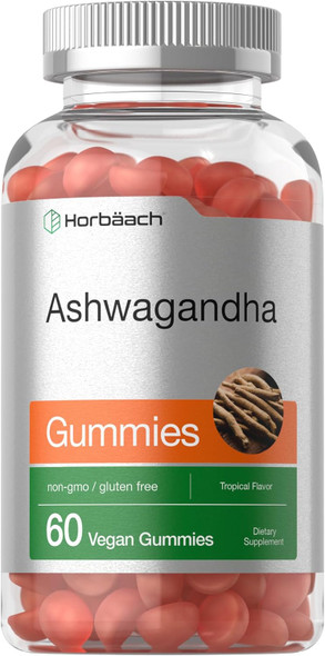 Horbaach Ashwagandha Gummies For Women And Men  60 Count  Vegan, Non-Gmo, Gluten Supplement  Tropical Flavor