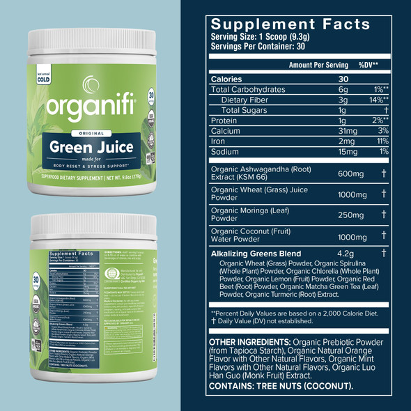 Organifi Green Juice - Powder Supplement With Organic Spirulina, Ashwagandha, And Chlorella - Helps Achieve Fitness Goals And Reduce Cortisol Levels, 30-Day Supply