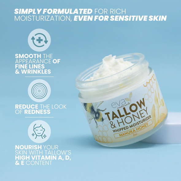 Eva Naturals Small Batch, Whipped Beef Tallow Face Moisturizer - 100% Grass Fed & Finished With Manuka Honey, Beef Tallow For Face, Beef Tallow Moisturizer, Beef Tallow Face Cream - 2Oz Eva Naturals Small Batch, Whipped Beef Tallow Face Moisturizer - 100% Grass Fed & Finished With Manuka Honey, Beef Tallow For Face, Beef Tallow Moisturizer, Beef Tallow Face Cream - 2Oz