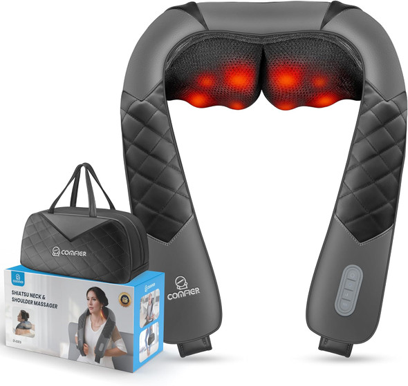 Comfier Shiatsu Neck Shoulder Massager, Back Massager With Heat, Christmas Gifts For Mom Dad Deep Tissue 4D Kneading Pillow Massager With Portable Storage Bag, Home, Office And Car Use