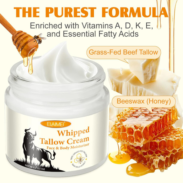 Beef Tallow For Skin, Tallow Face Moisturizer, Organic Grass-Fed Grass Finished Beef Tallow And Honey Balm Deeply Moisturizing For Face & Body,2.1 Oz