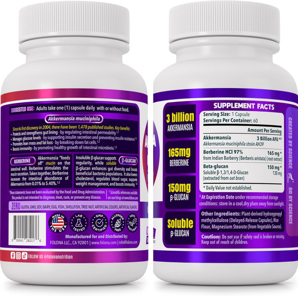 Akkermansia Probiotic For Gut Health Support With Berberine And Soluble Beta-Glucan Prebiotic Fiber Glp-1 Probiotic, 3 Billion Afu, 60 Delayed Release Capsules