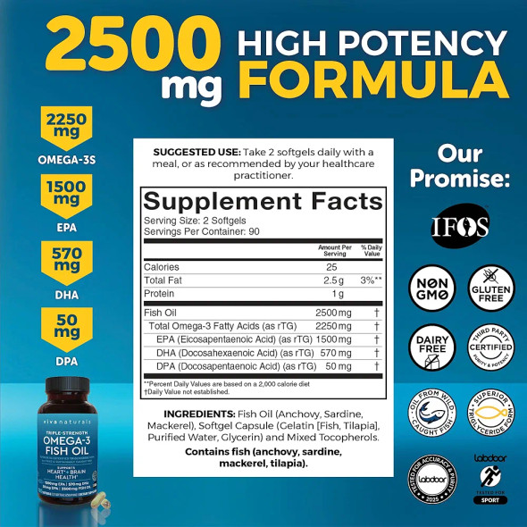 Viva naturals Omega 3 Fish Oil Supplement - 2500 Mg Triple Strength Fish Oil Pills With Re-Esterified Omega 3 Fatty Acids Including Epa, Dha Dpa - 180 Pescatarian-Friendly Softgels