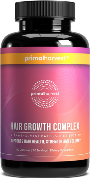 Primal Harvest Primal Hair Complex 1 Pack, Regrowth Hair Supplement For Women & Men, Natural Hair Vitamins W/Thickening Products Biotin & Zinc (60 Capsules)