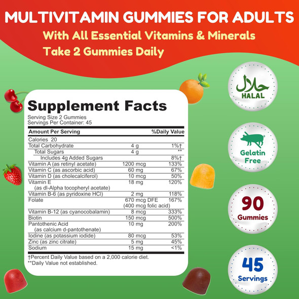 Halal Multivitamin Gummies For Women & Men  Immune & Overall Wellness  90 Delicious Gummy Vitamins (45-Day Supply). Non-Gmo & Vegetarian Essential Halal Vitamins W/ Folate, Zinc, B12, Biotin & More
