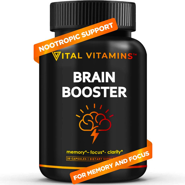 Vital Vitamins Brain Supplements For Memory And Focus - Nootropic Brain Support - Memory, Clarity, Focus, Energy - Vitamin B12, Gingko Biloba, Dmae