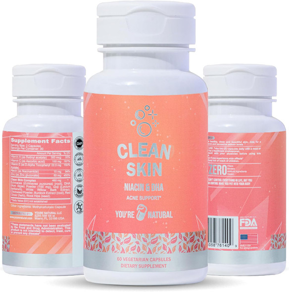 You'Re Natural Clean Skin Supplement  Acne Support  Skin Support Vitamins For Women, Men & Teens, Vitamin A, Zinc, Dha, Vitamin B3, Vitamin C, Vitamin E - Gluten - Made In Usa - 60 Capsules