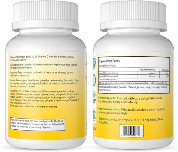 Vitamin D3 5000 Iu With K2 100 Mcg, 100 Soft-Gels For Healthy Muscle Function, 2 In 1 Support Immune, Optimal Calcium Absorption. Non-Gmo, Gluten-Free, Soy-Free, Dairy-Free.