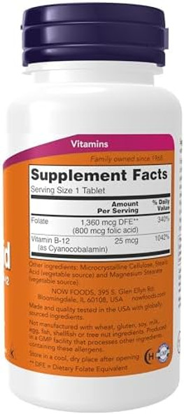 Now Foods Supplements, Folic Acid 800 Mcg + B-12 (Cyanocobalamin) 25 Mcg, B Complex Vitamin, 250 Tablets