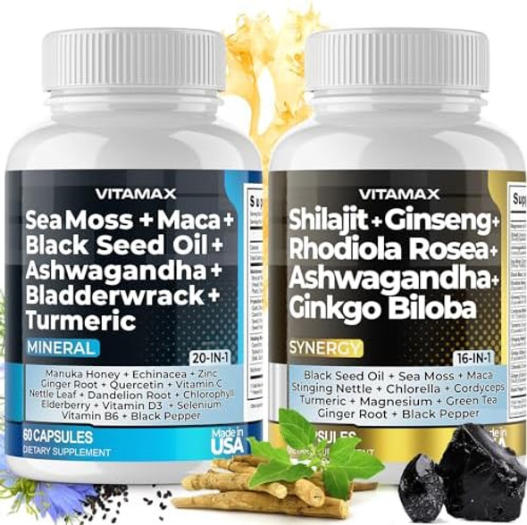 Pure Himalayan Shilajit Supplement 10,000Mg Sea Moss 2,000Mg Ashwagandha 6,000Mg Bladderwrack 1000Mg Gingko Biloba 500Mg Organic Capsules & Trace Mineral For Men And Women – Made In Usa