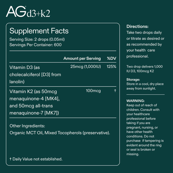 AG1 Vitamin D3 + K2 Liquid Drops | Daily Bone Support 30 ml