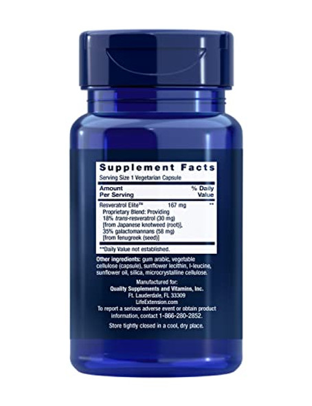 Life Extension Resveratrol Elite, Trans-Resveratrol, Healthy Aging, Cardiovascular Health, Brain Health, Oxidative Stress, Gluten-Free, Non-Gmo, Vegetarian, 30 Capsules