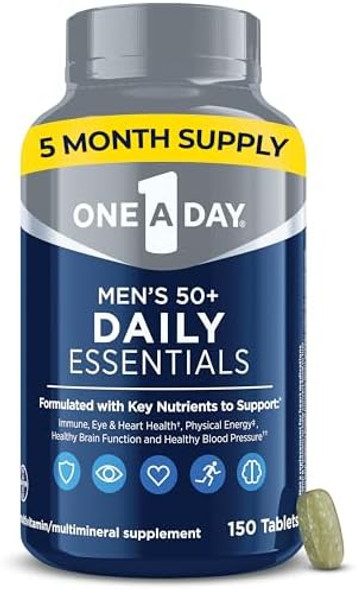 One A Day Men'S Multivitamin 50+ Daily Essentials  Multivitamin For Men 50 Plus Supports Immune Health, Healthy Brain Function & Physical Energy  Vitamins For Men With Vitamin C & Zinc, 150 Count