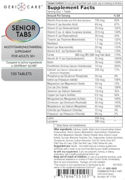 Gericare Senior Tab 50+ Multivitamin And Minerals Tablets - Immune Support - Age-Defying Nutrition, 100 Count (Pack Of 2)
