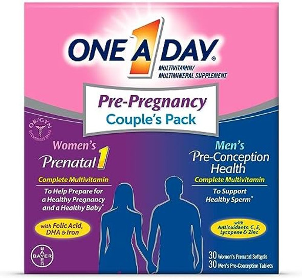 One A Day Men'S & Women'S Pre-Pregnancy Multivitamin Softgel Including Vitamins A, Vitamin C, Vitamin D, B6, B12, Folic Acid & More, 30+30 Count, Supplement For Before, During, And Postnatal