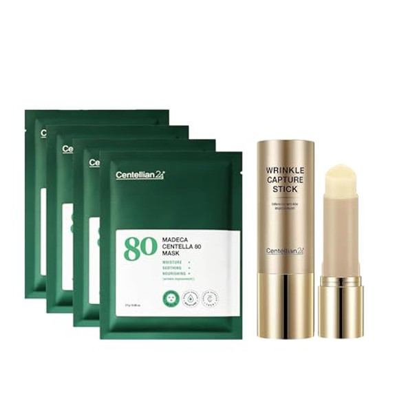 Centellian 24 Madeca Wrinkle Capture Stick (0.4Oz) + Extra Moisturizing Mask (4Pc) - Multi Balm & Hydrating Face Mask For Wrinkles, Fine Lines, Dry, Sensitive Skin. Centella, Egf, Ceramide, Collagen