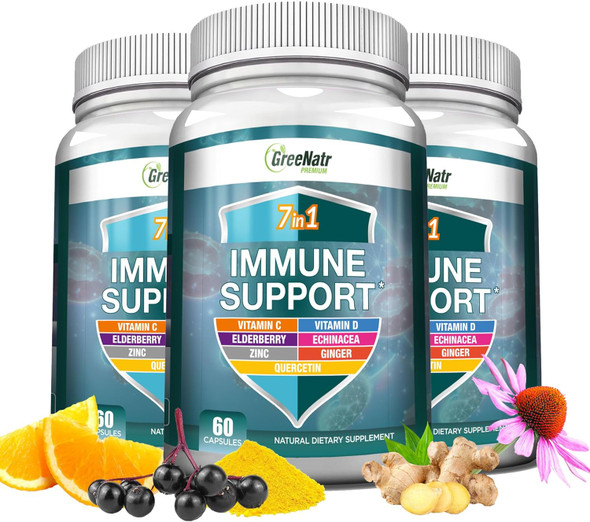 7 In 1 Immune Support Supplement With Vitamin C, D3, Zinc 50Mg, Quercetin, Echinacea Purpurea, Sambucus Elderberry And Ginger For Complete Immune Defense - 60 Capsules (3 Bottles)
