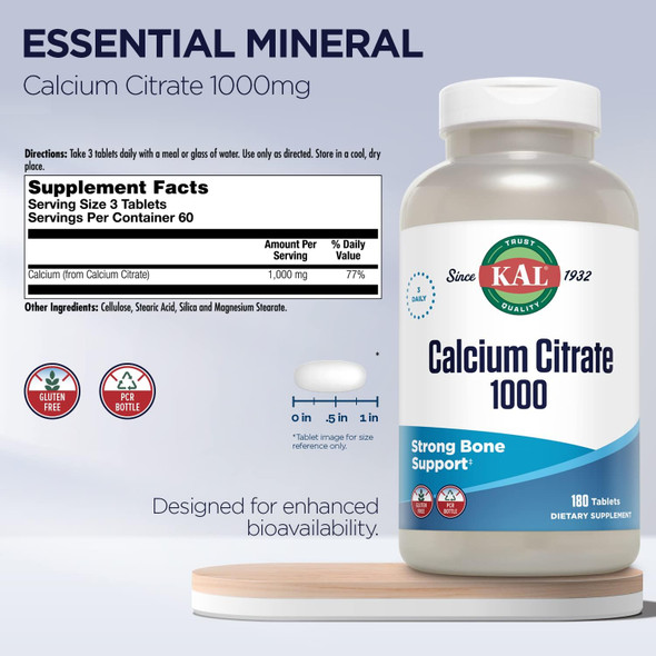 Kal Calcium Citrate 1000Mg, Calcium Supplements For Women And Men, Bone Health, Teeth, Nervous, Muscular & Cardiovascular System Support, Gluten And Lab Verified, 60 Servings, 180 Tablets