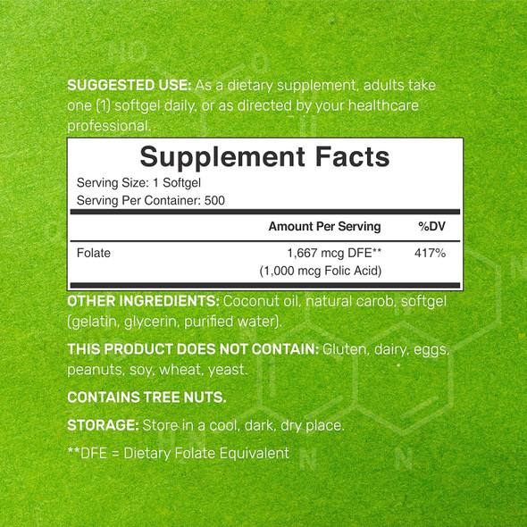 Deal Supplement Folic Acid 1000 Mcg (1 Mg), 500 Coconut Oil Softgels  Bioavailable Prenatal Vitamins (Vitamin B9) – 1,667 Mcg Dfe – Easy To Swallow, Non-Gmo, & No Gluten