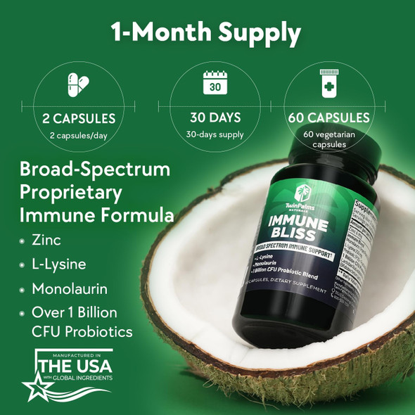 Immune Bliss - Broad Spectrum Daily Wellness Support For Seasonal Sickness  L-Lysine Monolaurin Probiotic Prebiotic Blend  Provides Natural Defense  Vegan Vegetarian Non-Gmo  60 Capsules