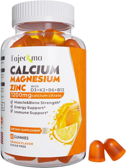 Calcium Magnesium Zinc Gummies For Adult: 1200Mg Calcium Citrate With Vitamin D3 K3 - Natural Organic Sugar High Absorption Supplement For Women Men Kids(60Count)