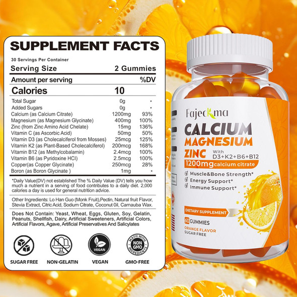 Calcium Magnesium Zinc Gummies For Adult: 1200Mg Calcium Citrate With Vitamin D3 K3 - Natural Organic Sugar High Absorption Supplement For Women Men Kids(60Count)