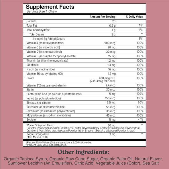 Chewsy Women'S Multivitamin Chews, Immune & Energy Support, Vitamins C, B12, A, D, E, Folic Acid, Probiotics, Biotin, Cranberry, Adult Chewable Vitamin, Individually Wrapped Fruity Chews,30-Day Supply