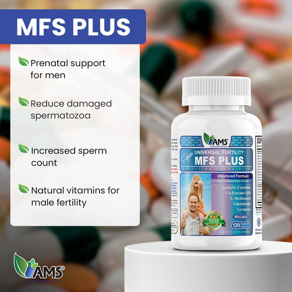 America Medic & Science Mfs Plus Fertility Supplements For Men (120 Capsules) Sperm Count Booster, Supports Motility  Natural Preconception Vitamins, Reproductive Aid, With Zinc, Coq10