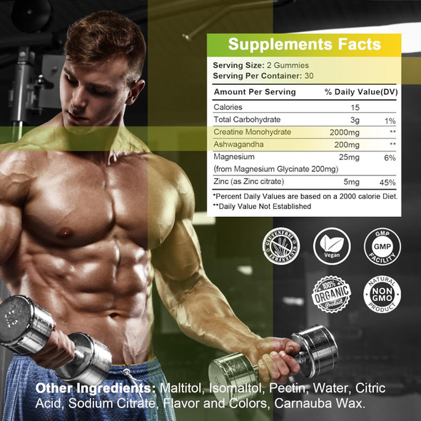 Creatine Monohydrate Gummy For Men & Women, Sugar-Creatine Monohydrate Supplement With Magnesium & Zinc & Ashwagandha, For Muscle Builder & Strength, Energy, Pre Workout Support