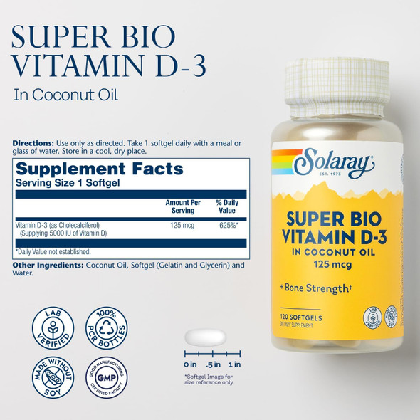 Solaray Super Bio Vitamin D3 In Coconut Oil - D3 Vitamin 5000 Iu - Bone Health And Immune Support Supplement - Lab Verified, Made Wtihout Soy, 60-Day  - 120 Softgels, 120 Servings