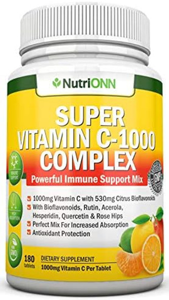 Super Vitamin C Complex - 1695Mg - 180 Tablets - With 530 Mg Natural Citrus Bioflavonoids, Rose Hips, Rutin, Quercetin & Hesperidin For Increased Absorption - Advanced Immune Support - Non-Gmo