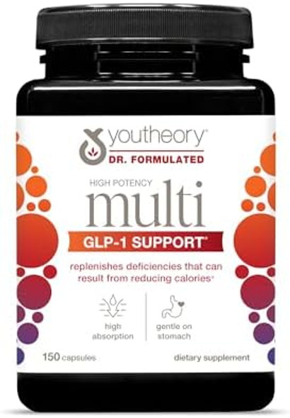 Youtheory High Potency Multi Glp-1 Support - High Absorption Multivitamins - For Immune Support & Bone Health - Gentle On Stomach - Vitamin D, C, Iron & More - 150 Vegetarian Capsules