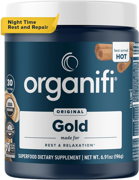 Organifi: Gold - Superfood Supplement Powder - 30 Servings - Stress Support, Better Rest, Relaxation And Promotes Restful Sleep - Turmeric And Reishi Infused