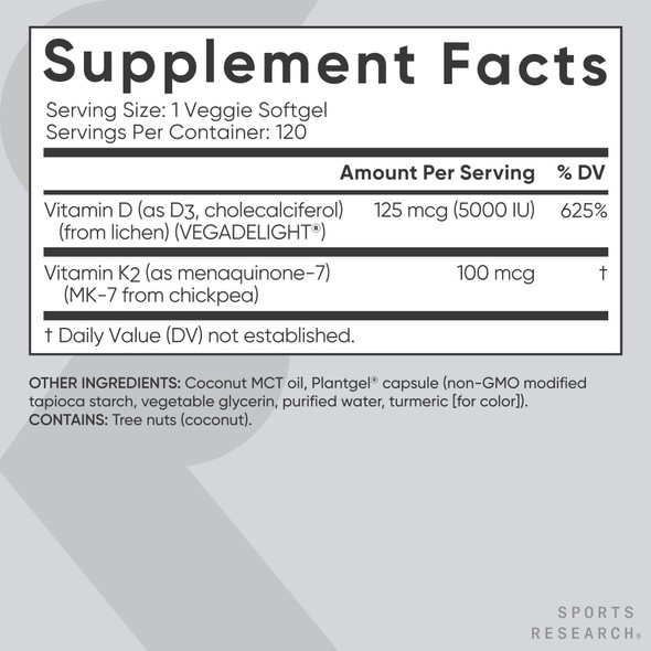 Sports Research Vitamin D3 K2 With 5000Iu Of Plant Based D3 and 100Mcg 120 Softgels
