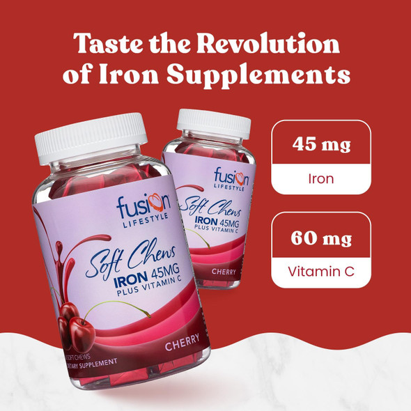 Chewable Iron Supplement For Women & Men - Cherry Flavor, Iron Vitamin C Soft Chew For Max Absorption, Iron As Ferrous Fumarate, Ideal For Anemia And Iron Deficiency, 2 Month Supply