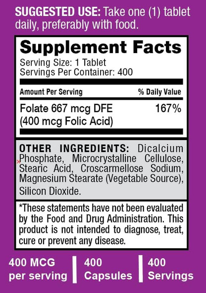 Safrel Folic Acid 400 Mcg - Vitamin B9-400 Tablets, Essential Prenatal And Postnatal Vitamin For Fetal Development, Red Blood Cell Production, Cell And Neural Development  Non-Gmo, Vegan
