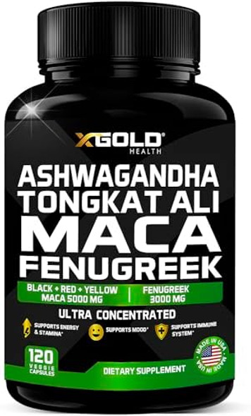 Ashwagandha 5000Mg + Tongkat Ali 1000Mg + Maca Root 5000Mg + Fenugreek 3000Mg Supplement  Black + Red + Yellow Maca Root Extract & Fenugreek Herbal Supplements For Men & Women - Made In Usa