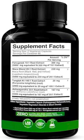 Ashwagandha 5000Mg + Tongkat Ali 1000Mg + Maca Root 5000Mg + Fenugreek 3000Mg Supplement  Black + Red + Yellow Maca Root Extract & Fenugreek Herbal Supplements For Men & Women - Made In Usa