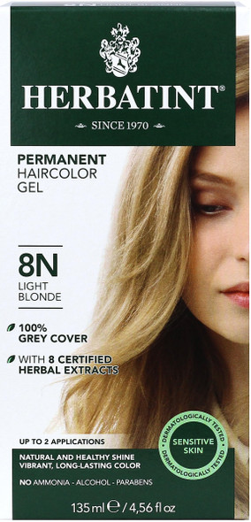 Herbatint Permanent Haircolor Gel 8N Light Blonde Alcohol Free Vegan 100% Grey Coverage - 4.56 oz