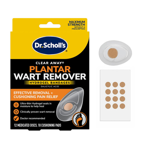 Dr. Scholl's Plantar WART Remover HYDROGEL Bandage 12 Discs 10 Cushions Immediate Cushioning Pain Relief Ultra-Thin Maximum Strength 12 Treatments
