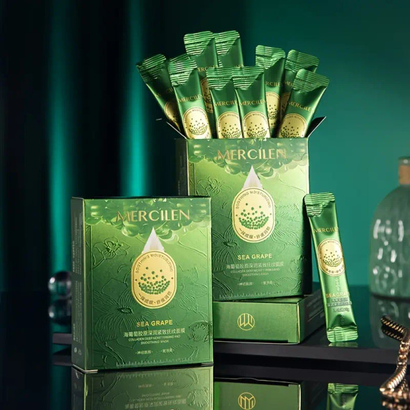 Mercilen Collagen Sea Grape Moisturizing Mask 6g, Pack of 10 - Hypoallergenic Pre-Makeup Cream for Brightening and Hydrating Skin, Pre-Makeup Mask