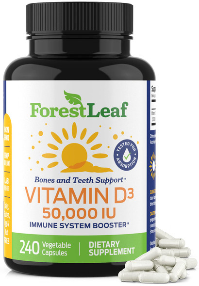 ForestLeaf Vitamin D3 50000 IU - Bone Health and Immune Support Supplements for Women and Men 240 Vegetable Capsules
